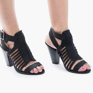 Y Not? Yummy Black Open Toe Caged Ankle Wrap Stacked Heel Sandals Size Women 9.5